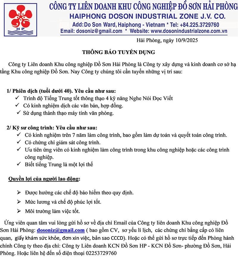 tuyen dung Do son thang 9